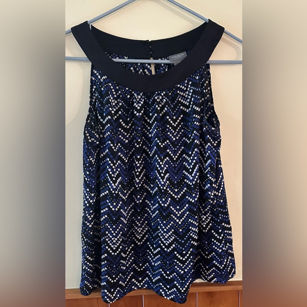 Ann Taylor 91% silk, blue, black and white, sleeveless top.